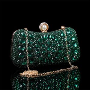 Yihongmeiqi Pearl Buckle Crystal Handbag,Women's Evening Handbag, Wedding Party Rhinestone Bag, Purse, Flash Handbag, Evening Bag (Green)