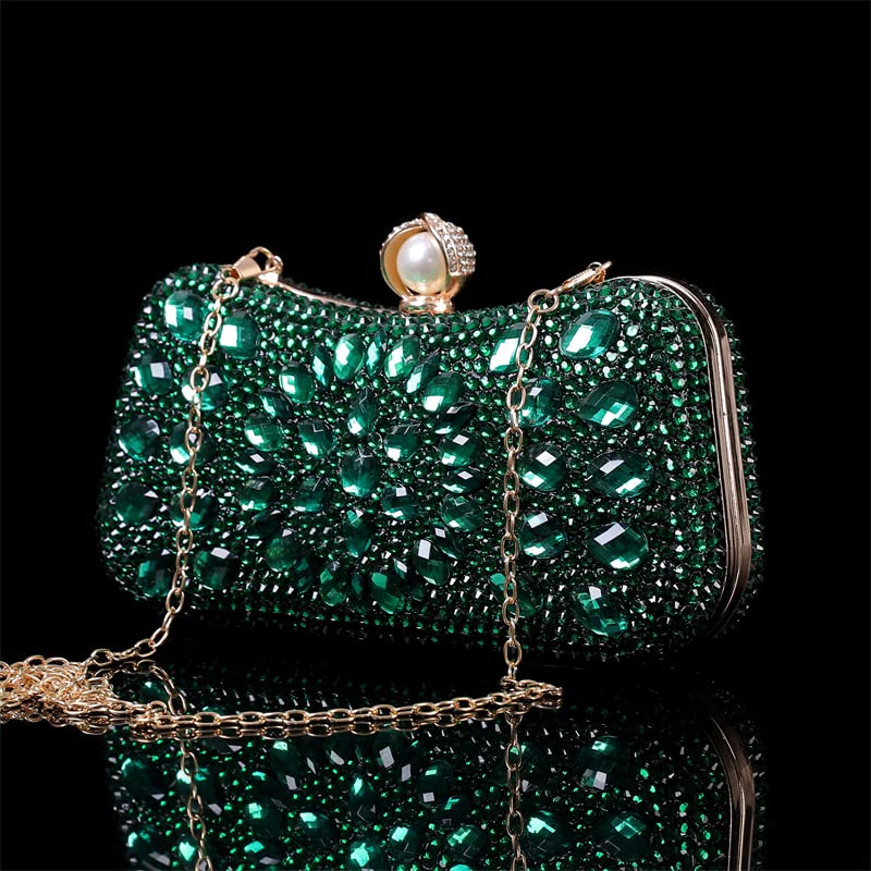 Yihongmeiqi Pearl Buckle Crystal Handbag,Women's Evening Handbag, Wedding Party Rhinestone Bag, Purse, Flash Handbag, Evening Bag (Green)