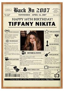 16th birthday decorations for women, men, him, her – custom poster party decor gifts with personalized birth date, photo – back in newspaper