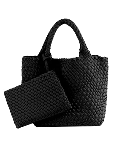 Designer Woven Tote Bag + Purse Women Neoprene Tote Handbag Fashion Large Shoulder Top-Handle Travel Bag Underarm Shopper Bag Black