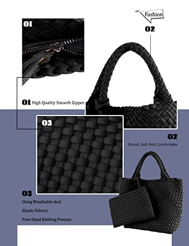 Designer Woven Tote Bag + Purse Women Neoprene Tote Handbag Fashion Large Shoulder Top-Handle Travel Bag Underarm Shopper Bag Black