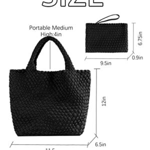 Designer Woven Tote Bag + Purse Women Neoprene Tote Handbag Fashion Large Shoulder Top-Handle Travel Bag Underarm Shopper Bag Black