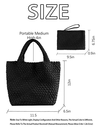 Designer Woven Tote Bag + Purse Women Neoprene Tote Handbag Fashion Large Shoulder Top-Handle Travel Bag Underarm Shopper Bag Black