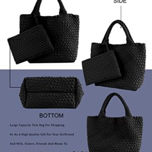 Designer Woven Tote Bag + Purse Women Neoprene Tote Handbag Fashion Large Shoulder Top-Handle Travel Bag Underarm Shopper Bag Black