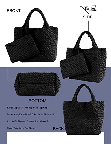 Designer Woven Tote Bag + Purse Women Neoprene Tote Handbag Fashion Large Shoulder Top-Handle Travel Bag Underarm Shopper Bag Black