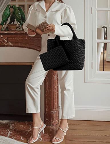 Designer Woven Tote Bag + Purse Women Neoprene Tote Handbag Fashion Large Shoulder Top-Handle Travel Bag Underarm Shopper Bag Black