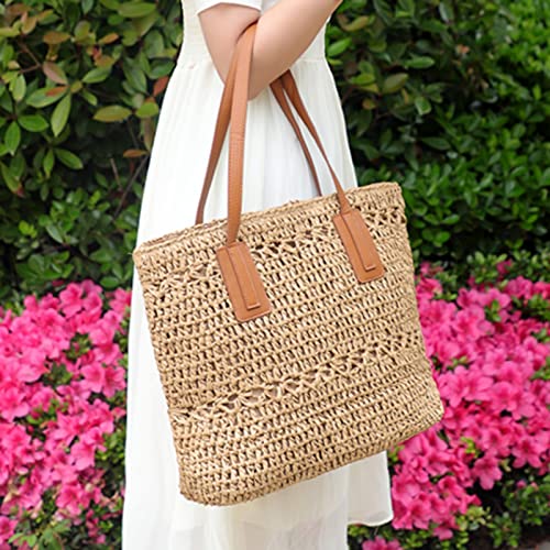 Straw Bag for Women Woven Beach Structured Tote Handmade Crochet Carteras De Mujer Summer Shoulder Bohemian Hobo Pom Travel