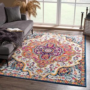 new simsbury oriental, persian, traditional living room, bedroom area rug – colorful floral medallion carpet – vintage distressed – orange, red, purple, dark blue – 6’7″ x 9′