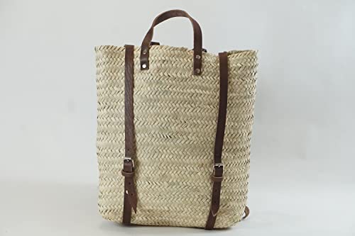 Straw Beach Backpack Basket - French Market Basket - Picnic Moroccan Basket - Made with Seagrass Palm Leaf and Leather Strap - Boho and Hipster Backpack