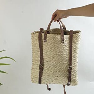 Straw Beach Backpack Basket - French Market Basket - Picnic Moroccan Basket - Made with Seagrass Palm Leaf and Leather Strap - Boho and Hipster Backpack