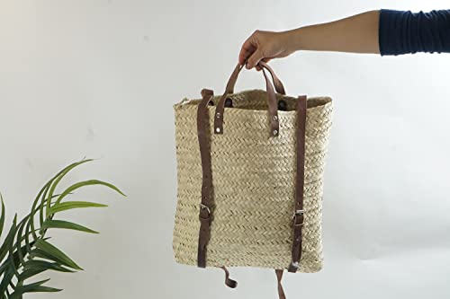 Straw Beach Backpack Basket - French Market Basket - Picnic Moroccan Basket - Made with Seagrass Palm Leaf and Leather Strap - Boho and Hipster Backpack