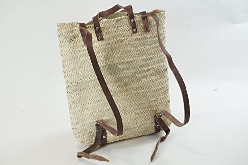 Straw Beach Backpack Basket - French Market Basket - Picnic Moroccan Basket - Made with Seagrass Palm Leaf and Leather Strap - Boho and Hipster Backpack