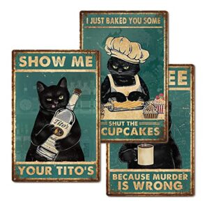 Vintage Funny Black Cat Signs Posters 3 Pack (Coffee, Tito's, Cake Funny Signs) Duplex Printed Retro Kitchen Bar Wall Decor for Home, Office, Cafe Wall Art, Gift for Cat Lover, 8x12 Inches