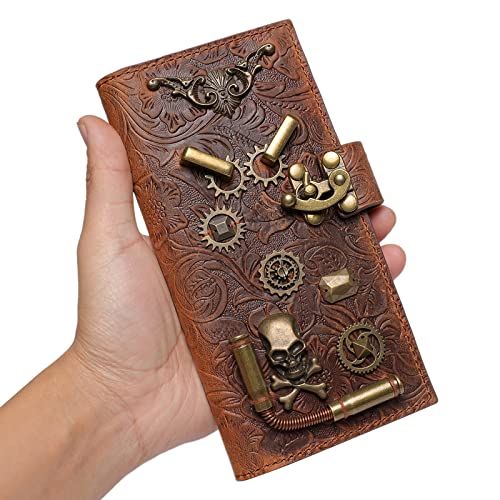 Eamom Genuine Leather Wallet for Women Embossed Punk Clutch Skull Top Layer Leather Wallet with Printing Multi Card Capacity
