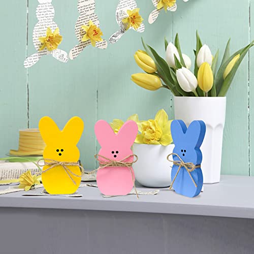 3Pcs LEBERY Easter Bunny Wooden Table Centerpieces Sign Wood Bunny Peeps Rabbit Shape Tiered Tray Decor Rustic Farmhouse Decor Easter Bunny Decor for Spring Home Office Dining Room Mantel Tabletop