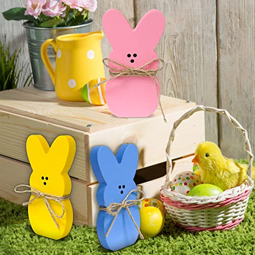 3Pcs LEBERY Easter Bunny Wooden Table Centerpieces Sign Wood Bunny Peeps Rabbit Shape Tiered Tray Decor Rustic Farmhouse Decor Easter Bunny Decor for Spring Home Office Dining Room Mantel Tabletop