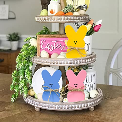 3Pcs LEBERY Easter Bunny Wooden Table Centerpieces Sign Wood Bunny Peeps Rabbit Shape Tiered Tray Decor Rustic Farmhouse Decor Easter Bunny Decor for Spring Home Office Dining Room Mantel Tabletop