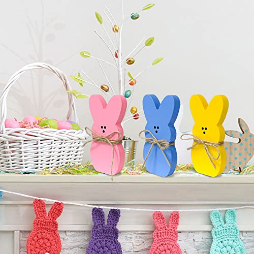 3Pcs LEBERY Easter Bunny Wooden Table Centerpieces Sign Wood Bunny Peeps Rabbit Shape Tiered Tray Decor Rustic Farmhouse Decor Easter Bunny Decor for Spring Home Office Dining Room Mantel Tabletop