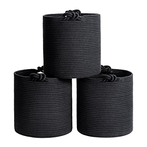 Goodpick 3 Pack Cube Woven Rope Storage Bins for Closet and Shelf Organization, Black Decorative Round Baskets for Toys, Towels, Socks, Clothes, 11 x 11 inches