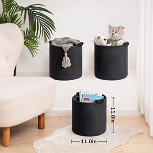 Goodpick 3 Pack Cube Woven Rope Storage Bins for Closet and Shelf Organization, Black Decorative Round Baskets for Toys, Towels, Socks, Clothes, 11 x 11 inches
