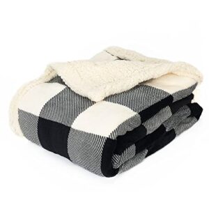 sparkt ultimate travel blanket black and white reversible plush flannel fleece, buffalo check plaid durable warm and cozy camping throw (80x60)