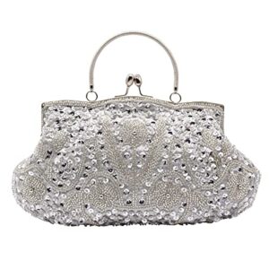 mogor 1920s women vintage beaded sequin evening handbag formal crossbody evening clutch prom cocktail party handbags（silver）