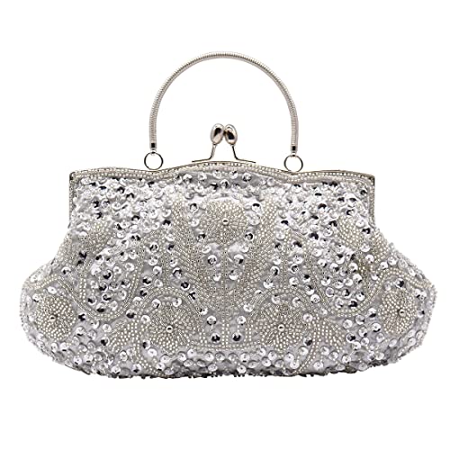 Mogor 1920s Women Vintage Beaded Sequin Evening Handbag Formal Crossbody Evening Clutch Prom Cocktail Party Handbags（Silver）