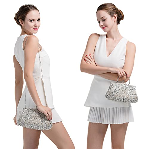 Mogor 1920s Women Vintage Beaded Sequin Evening Handbag Formal Crossbody Evening Clutch Prom Cocktail Party Handbags（Silver）