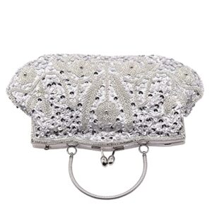 Mogor 1920s Women Vintage Beaded Sequin Evening Handbag Formal Crossbody Evening Clutch Prom Cocktail Party Handbags（Silver）