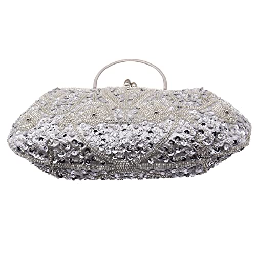 Mogor 1920s Women Vintage Beaded Sequin Evening Handbag Formal Crossbody Evening Clutch Prom Cocktail Party Handbags（Silver）