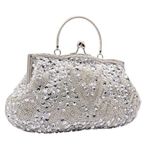 Mogor 1920s Women Vintage Beaded Sequin Evening Handbag Formal Crossbody Evening Clutch Prom Cocktail Party Handbags（Silver）