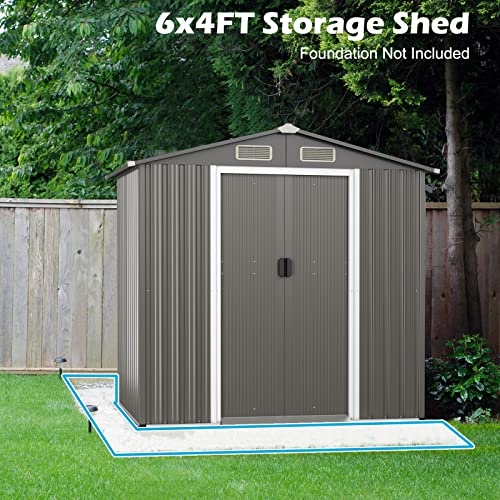 Giantex Outdoor Storage Shed 6 x 4 FT, Double Sliding Door, 4 Front and Back Vent, Galvanized Metal Garden Storage Room, Weather Resistant Tool Storage Shed for Backyard Patio Lawn (Gray)