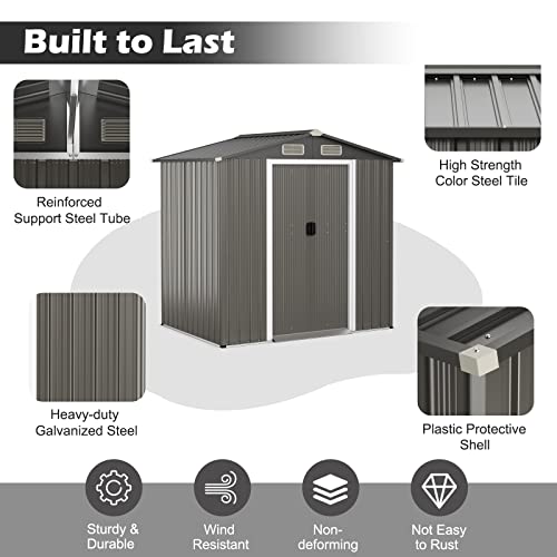 Giantex Outdoor Storage Shed 6 x 4 FT, Double Sliding Door, 4 Front and Back Vent, Galvanized Metal Garden Storage Room, Weather Resistant Tool Storage Shed for Backyard Patio Lawn (Gray)