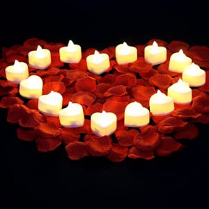 2400 Pieces Artificial Rose Petal 24 PCS Romantic Heart Candle Flameless Romantic Love Tealight Candle for Romantic Night Valentine's Day Anniversary Wedding Hotel Room Decor