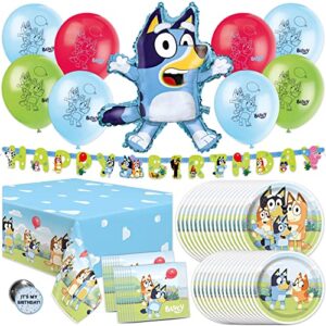 unique bluey birthday party supplies | bluey party supplies | bluey birthday decorations | bluey party decorations | with bluey balloons, banner, tablecover, bluey plates, bluey napkins, button