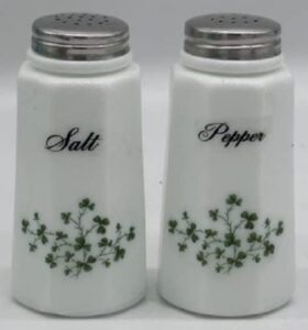 milk glass salt & pepper shaker set w/shamrocks – paneled pattern – usa