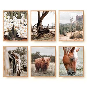 Nature Western Highland Cow Wall Art Prints Set of 6 Country Pictures Canvas Decor Horse Cactus Desert Boho Neutral Southwest Poster for Farmhouse Bedroom Home Room Wall Decor (8"x10" UNFRAMED)