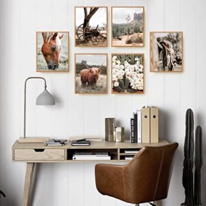 Nature Western Highland Cow Wall Art Prints Set of 6 Country Pictures Canvas Decor Horse Cactus Desert Boho Neutral Southwest Poster for Farmhouse Bedroom Home Room Wall Decor (8"x10" UNFRAMED)