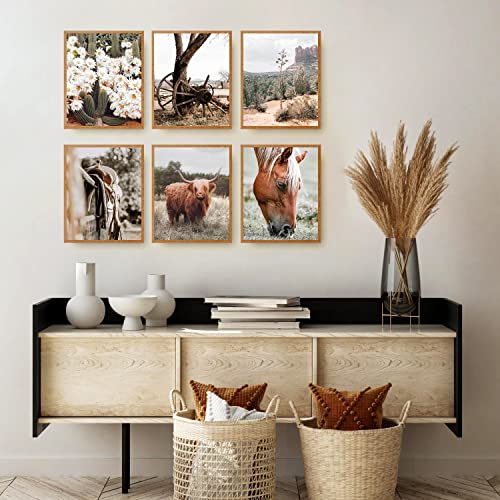 Nature Western Highland Cow Wall Art Prints Set of 6 Country Pictures Canvas Decor Horse Cactus Desert Boho Neutral Southwest Poster for Farmhouse Bedroom Home Room Wall Decor (8"x10" UNFRAMED)