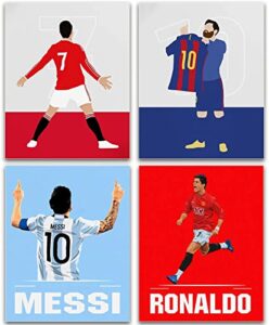 cristiano ronaldo and lionel messi wall art, world cup posters, soccer superstar canvas posters, motivational football sports art prints for office living room home decor, set of 4 (8″x10″ unframed)