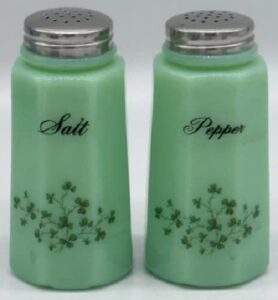 jade jadeite jadite green glass salt & pepper shaker set w/shamrocks – paneled pattern – usa