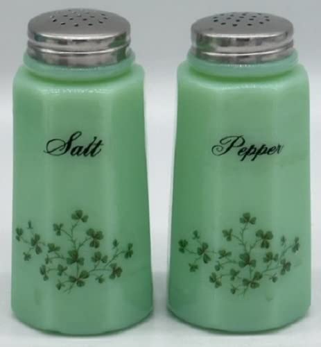 Jade Jadeite Jadite Green Glass Salt & Pepper Shaker Set w/Shamrocks - Paneled Pattern - USA