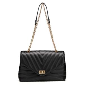 large crossbody bags for women stylish quilted flap bag with adjustable golden shoulder chain strap (black)