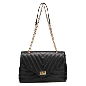 Large Crossbody Bags for Women Stylish Quilted Flap Bag with Adjustable Golden Shoulder Chain Strap (Black)