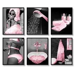 fashion wall art bathroom wall decor prints set of 6 black and white pink glam glitter canvas posters pictures photos funny bathroom artwork wall modern women for bathroom (b&w pink, 8″x10″ unframed)