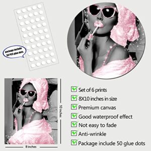 Fashion Wall Art Bathroom Wall Decor Prints Set of 6 Black and White Pink Glam Glitter Canvas Posters Pictures Photos Funny Bathroom Artwork Wall Modern Women for Bathroom (B&W PINK, 8"x10" UNFRAMED)