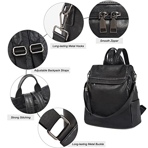 FOXLOVER Convertible Backpack Purse for Women Vegan Leather Anti-theft Fashion Large Travel Shoulder Bag with Tassel (Black)