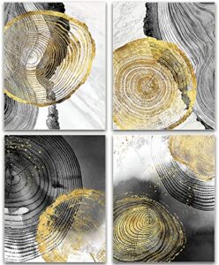 black and gold annual rings wall art, tree ring art prints, retro abstract minimalist annual ring art canvas painting for living room bedroom kitchen office wall decor, set of 4 (8″x10″ unframed)