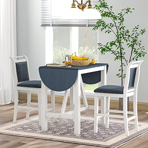 RUNNA Farmhouse 3-Piece Counter Height Dining Table Set with 2 Upholstered Chairs and Extendable Drop Leaf,Wood Kitchen Table for Small Place Use (White#A)