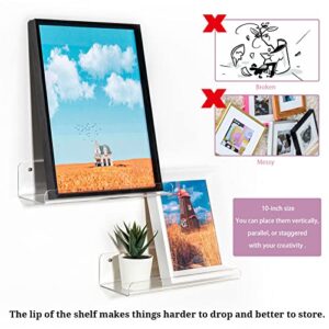 HAYVAN Clear Acrylic Shelves with Lip Set of 2 - Durable Wall Bookshelf for Kids - Floating Shelf Decoration & Storage for Figures/Collectibles/Makeup/Small Plants/Magazines/Toys (10 Inches)